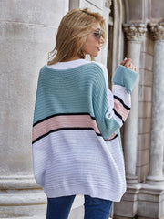 Colorblock slouchy knit tunic with mint, pink, and white stripes. Acrylic.