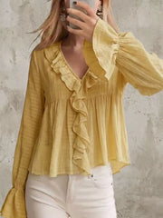 Ruffled V-neck Flounce Sleeve Blouse in Off-white, back view