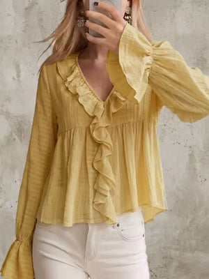 Ruffled V-neck Flounce Sleeve Blouse in Off-white, back view