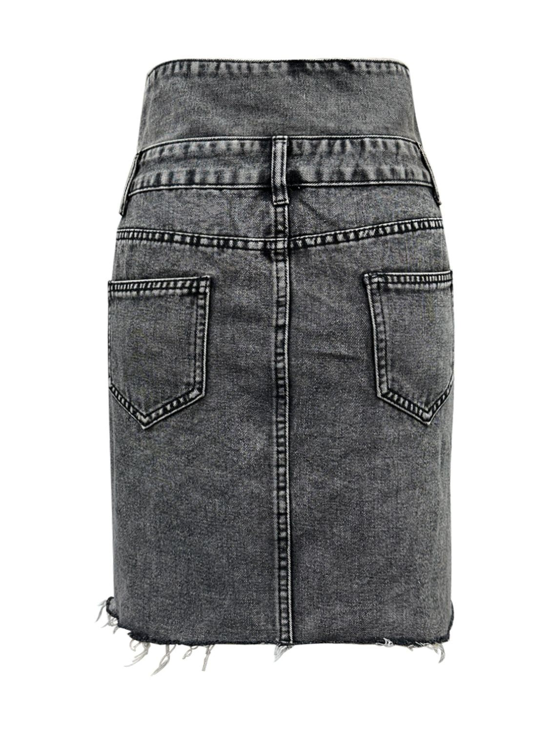Button-front acid wash denim mini skirt in dark gray with frayed hem.