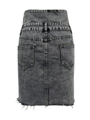 Button-front acid wash denim mini skirt in dark gray with frayed hem.