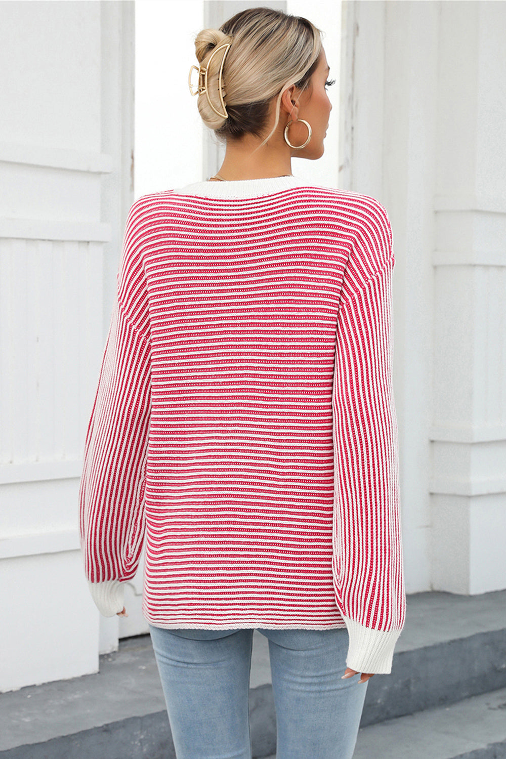 Nautical stripe ribbed knit crewneck sweater in red and white, acrylic, crewneck, long sleeve.