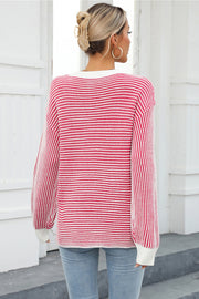 Nautical stripe ribbed knit crewneck sweater in red and white, acrylic, crewneck, long sleeve.