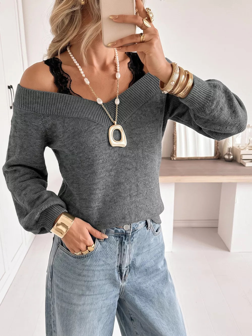 Off-shoulder Lace Trim Sweater in Dark Gray, front view