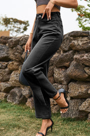 Dark wash split hem straight leg jeans with cropped length