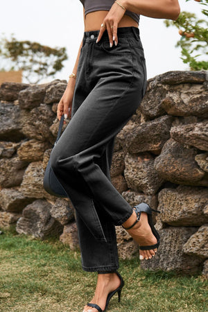 Dark wash split hem straight leg jeans with cropped length