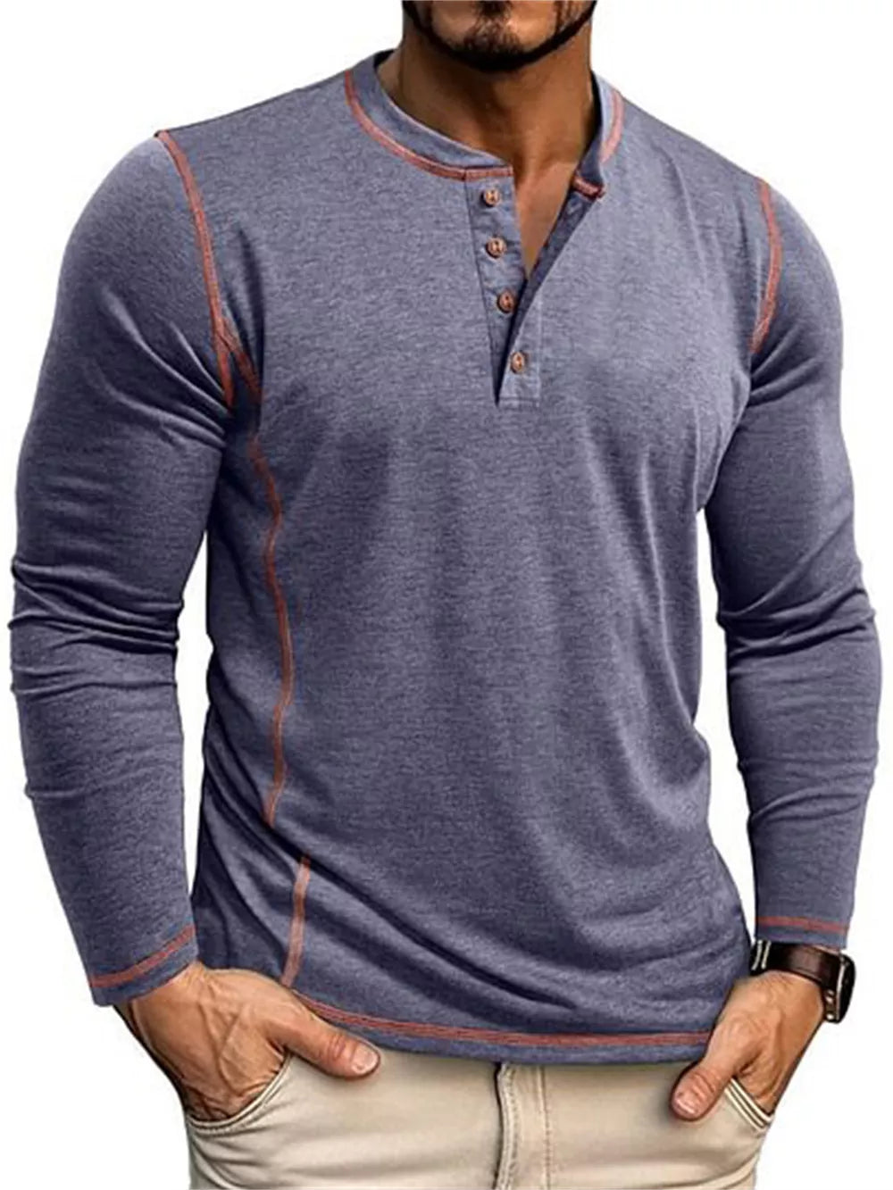 Men's blue long sleeve t-shirt with button detail and contrast stitching
