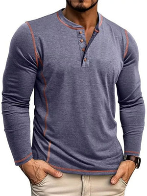 Men's blue long sleeve t-shirt with button detail and contrast stitching