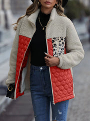 Teddy & quilted panel zip jacket in cream with red quilted panels and leopard print pocket.