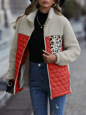 Teddy & quilted panel zip jacket in cream with red quilted panels and leopard print pocket.