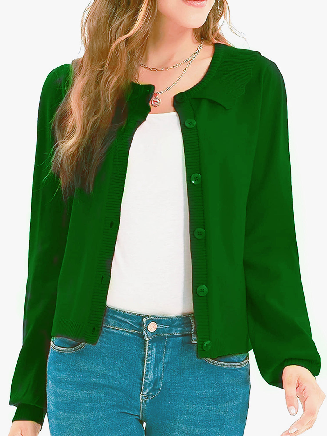 Green knit cardigan with scalloped collar and button front