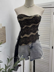 Lace Tube Top With Asymmetrical Hem in Black, side view