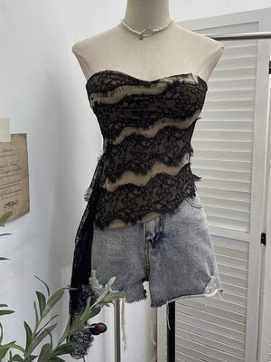 Lace Tube Top With Asymmetrical Hem in Black, side view