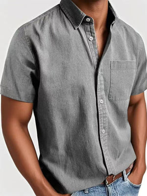 Men's grey casual short sleeve button-down shirt with chest pocket