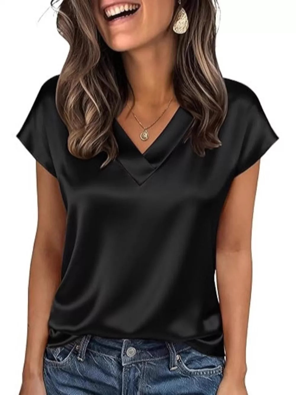 Black satin V-neck short sleeve maternity shirt with a relaxed fit.