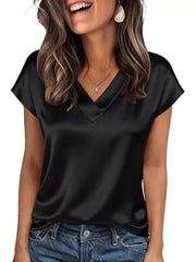 Black satin V-neck short sleeve maternity shirt with a relaxed fit.