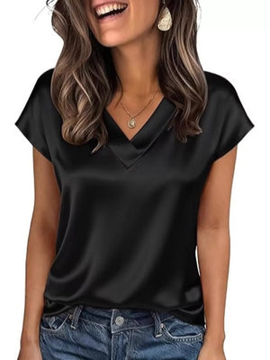 Black satin V-neck short sleeve maternity shirt with a relaxed fit.