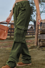 Army green utility cargo pants with wide legs and multiple pockets.