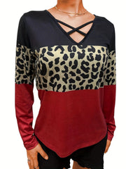 Crisscross V-neck long sleeve top in colorblock black, leopard print, and deep red.