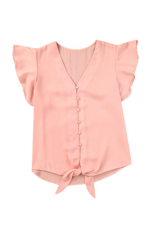 Peach tie-front blouse with V-neck, button-down front, and ruffle cap sleeves.