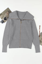 Gray ribbed knit zip-up cardigan with a wide shawl collar.