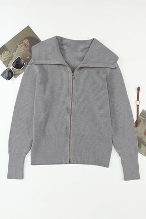 Gray ribbed knit zip-up cardigan with a wide shawl collar.
