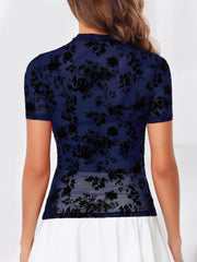 Navy velvet floral mesh mock neck top with short sleeves