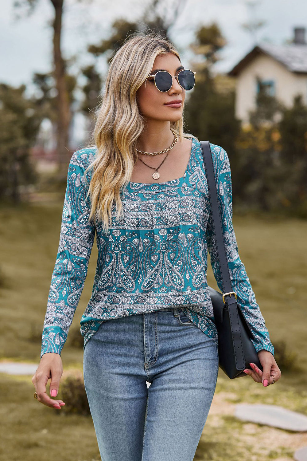 Turquoise paisley print gathered square neck long sleeve blouse.