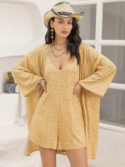 Yellow floral romper and kimono cover-up set with wide sleeves and V-neck romper.