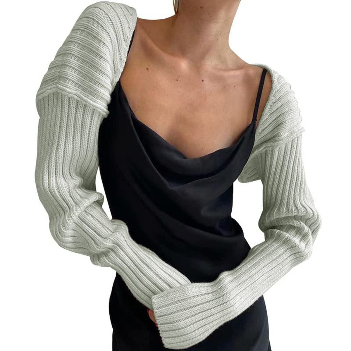 Light gray ribbed knit sleeve shrug with long sleeves and a casual cut.