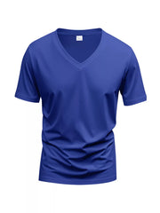 Royal blue cotton V-neck t-shirt with short sleeves and a slim fit.