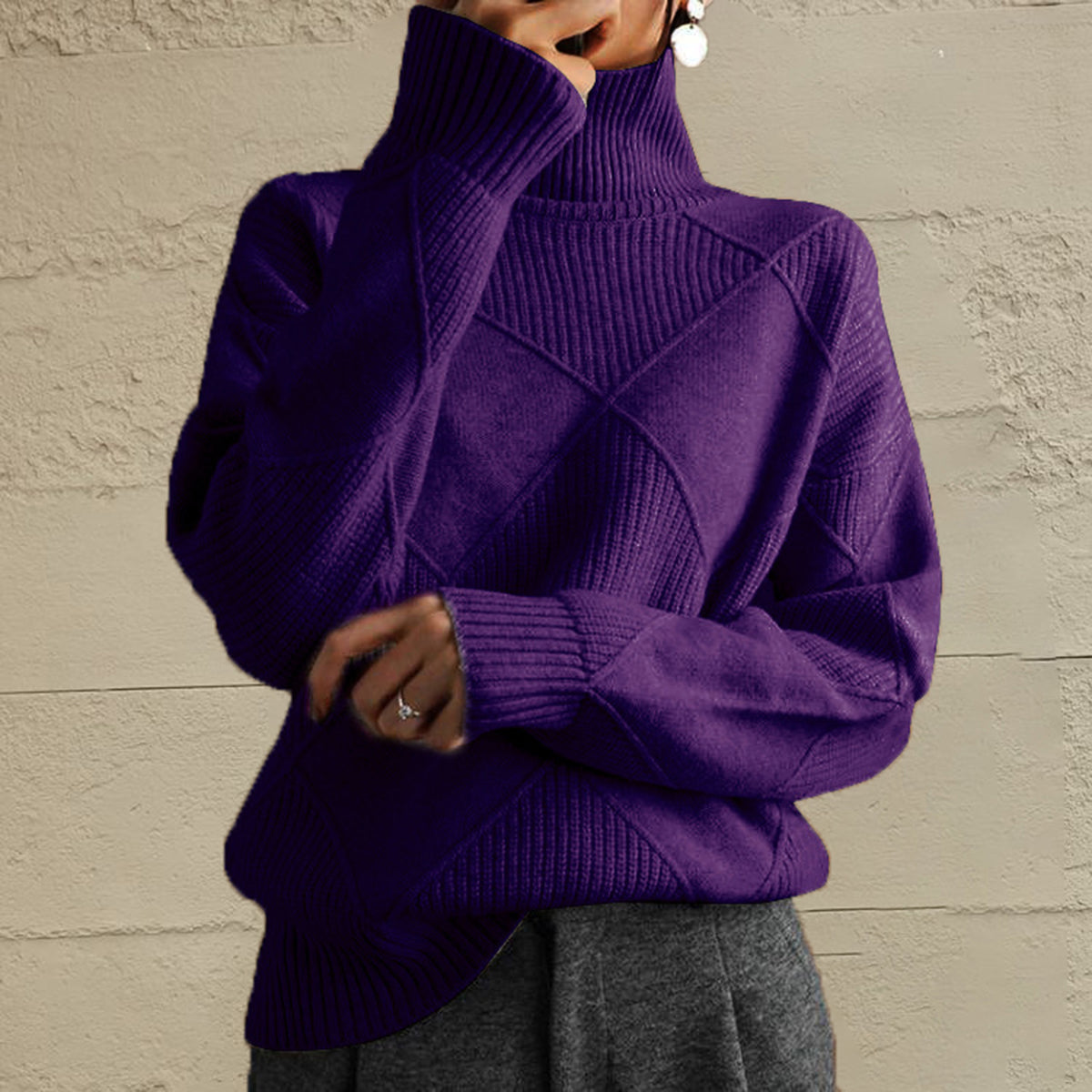 Deep Purple textured diamond knit turtleneck pullover sweater with ribbed cuffs and hem.