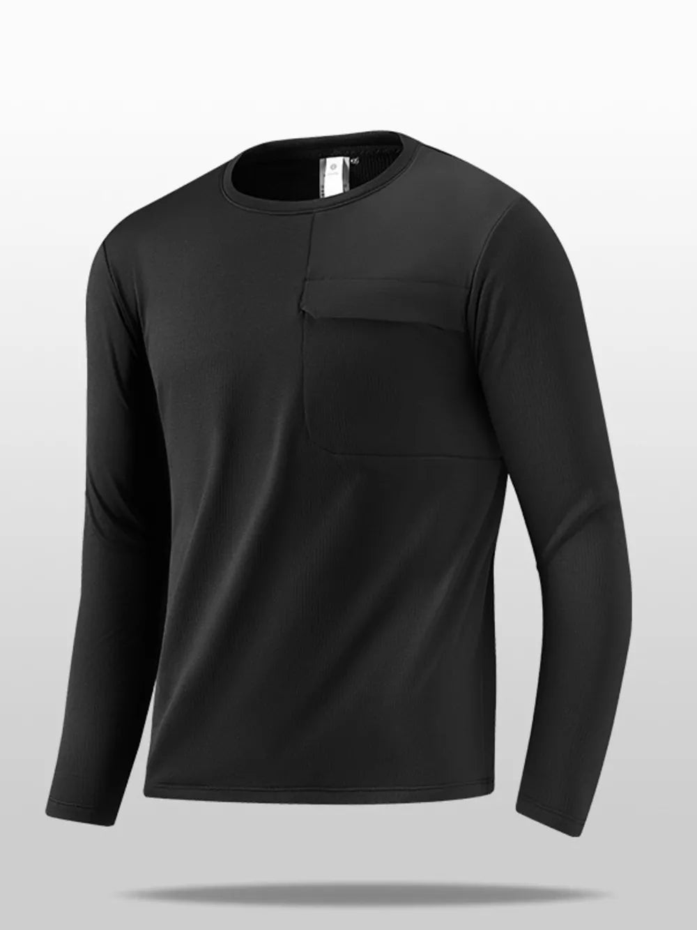 Black long sleeve crew neck tee with a chest pocket detail