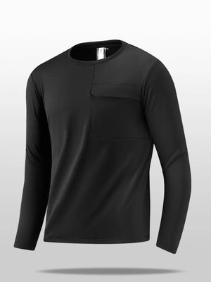 Black long sleeve crew neck tee with a chest pocket detail