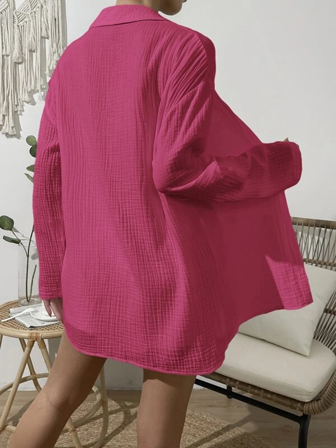 Hot Pink textured gauze shirt with buttoned collar and long sleeves, styled casually.
