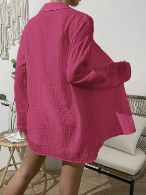 Hot Pink textured gauze shirt with buttoned collar and long sleeves, styled casually.