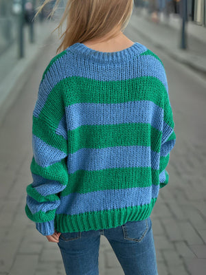 Chunky knit jumper with blue and green horizontal stripes, crew neck, long sleeves.