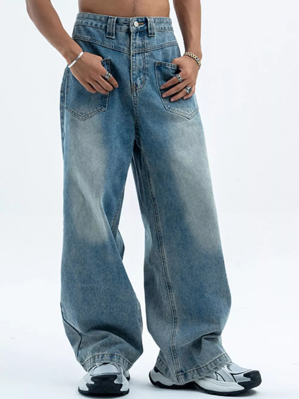 Men S Vintage Wash Wide Leg Jeans in Blue, front view
