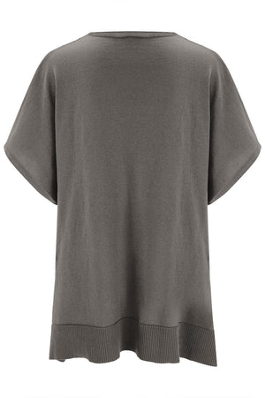 Relaxed V-neck knit poncho top in Light Gray with short sleeves and ribbed hem.