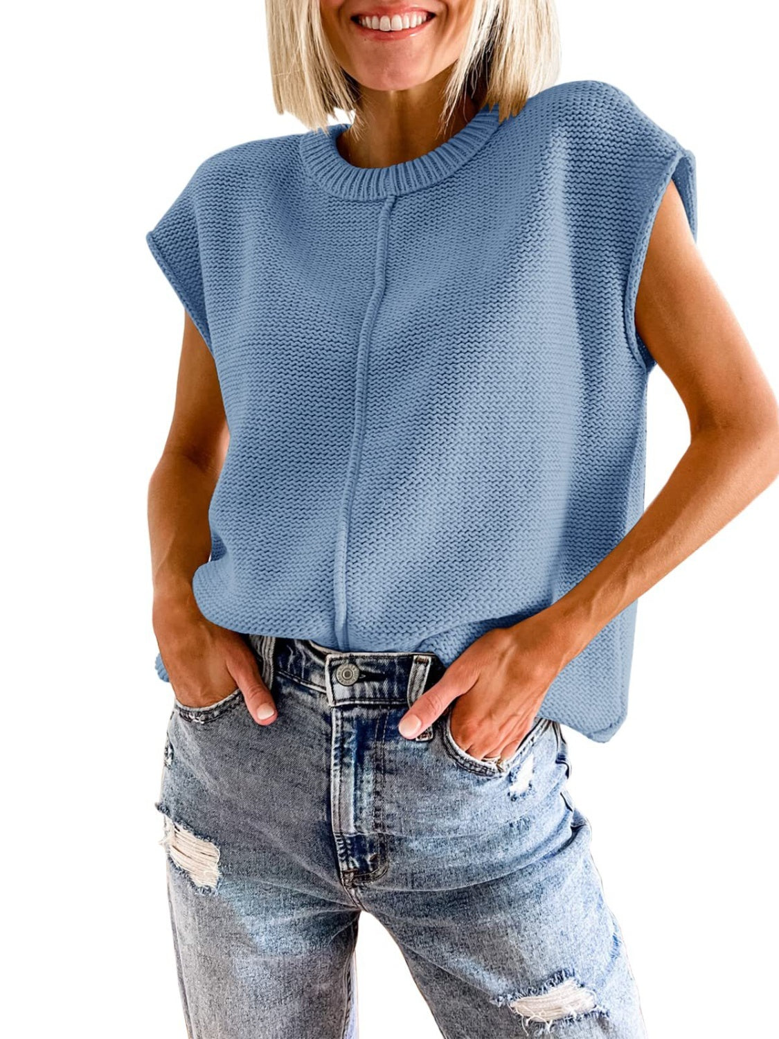 Misty Blue knit tank top with crew neck and center seam detail