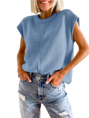 Misty Blue knit tank top with crew neck and center seam detail