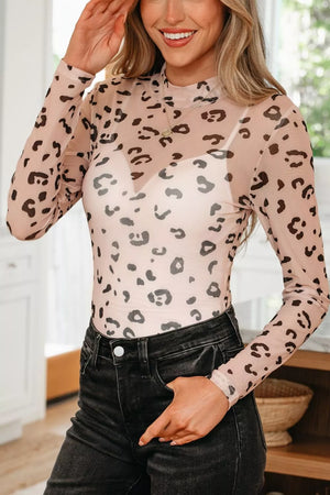 Mock Neck Sheer Mesh Leopard Bodysuit in Khaki, side view