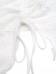 White floral lace ruched tube top with adjustable drawstring detail