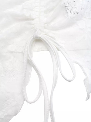 White floral lace ruched tube top with adjustable drawstring detail