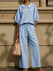 Full Size Plaid Button Up Shirt And Pants Set Plus Size, front view
