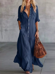 Button Front Roll-up Sleeve Maxi Dress Plus Size in Burgundy, fit detail