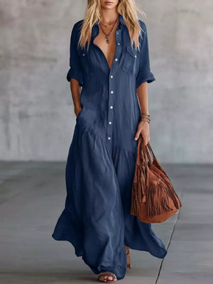 Button Front Roll-up Sleeve Maxi Dress Plus Size in Burgundy, fit detail