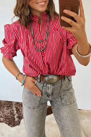 Chic red and white striped cotton shirt with ruffled sleeves and button front.