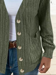 Moss ribbed knit button-down cardigan with pockets and button details.