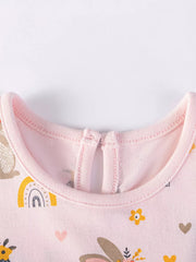 Pink cotton baby dress with bunny and rainbow print, crew neck, short sleeves, above knee length